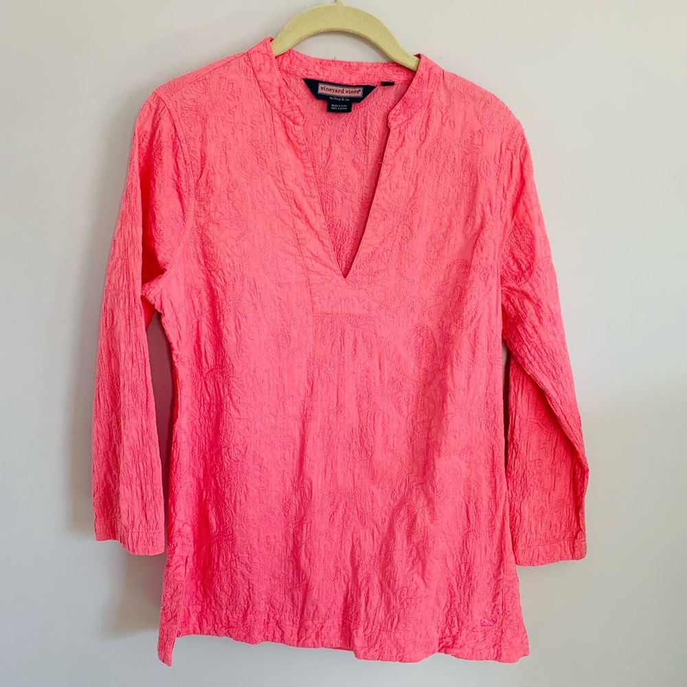 Vineyard Vines Top Tunic Bright Pink Embroidered Cotton V Neck Long Sleeve Small